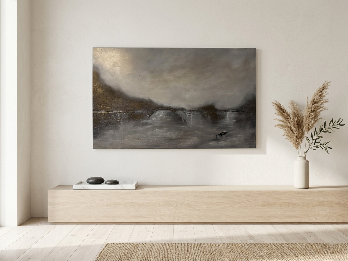 Originální moderní obraz na plátně s atmosférou mlhy, klidu a tajemné krajiny, vhodný do minimalistického interiéru.
