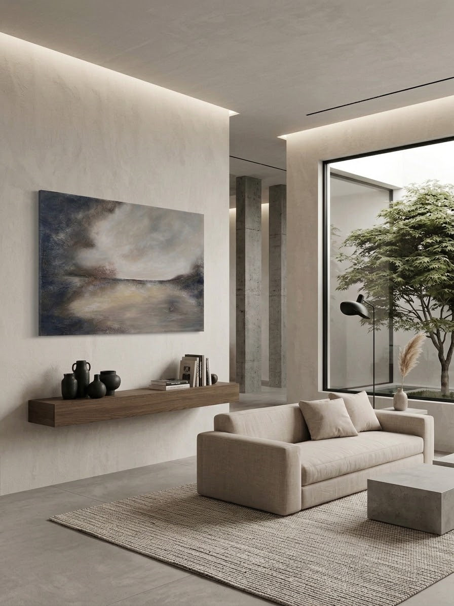 Elegantní abstraktní obraz v tlumených zemitých tónech vhodný jako výrazný prvek moderního nebo minimalistického interiéru.